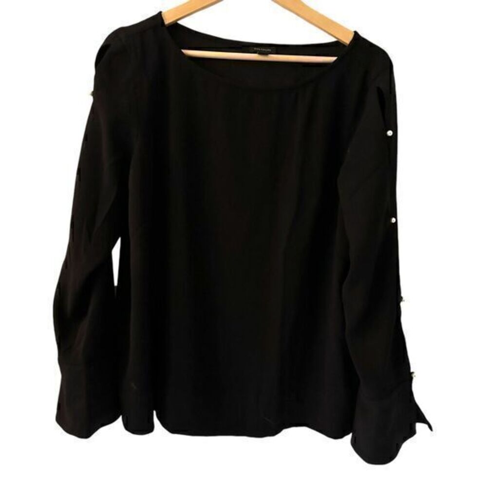 Ann Taylor Black Long Sleeve Scoop Neck Polyester Pearl Button Sleeve Size‎ L